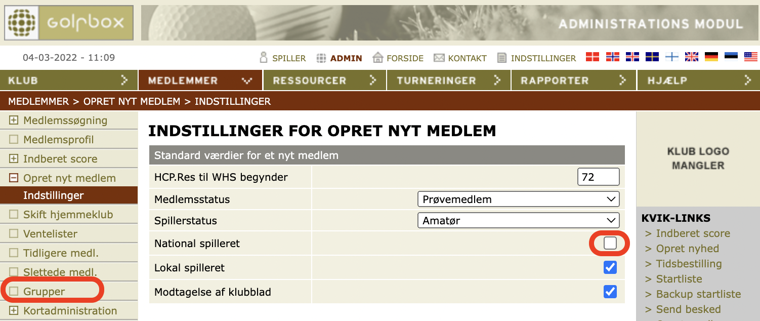 Indstillinger for opret af nyt medlem